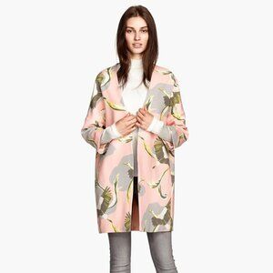 NWOT H&M pink bird crane print oversized collarless coat jacket, XS